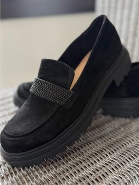 Bella Vita Black Suede Loafers with Embellished Strap